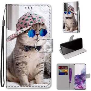 For Samsung Galaxy S21+ Coloured Drawing Cross Texture Horizontal Flip PU Leather Case with Holder & Card Slots & Wallet & Lanyard(Oblique Hat Blue Mirror Cat)