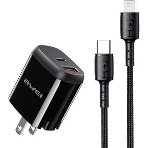 awei PD3 20W PD Type-C + QC 3.0 USB Interface Fast Charging Travel Charger with Data Cable  US Plug
