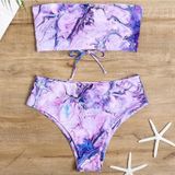 2 in 1 Polyester Tie-dye Tube Top Bikini Ladies High Waist Split Swimsuit Set with Chest Pad (Color:Purple Size:L)