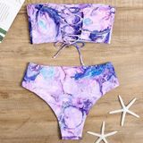 2 in 1 Polyester Tie-dye Tube Top Bikini Ladies High Waist Split Swimsuit Set with Chest Pad (Color:Purple Size:L)