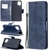 For Samsung Galaxy A12 Two Butterflies Embossing Pattern Horizontal Flip Leather Case with Holder & Card Slot & Wallet & Lanyard(Dark Blue)