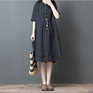 Summer Ramie Striped Loose Shirt Dress for Ladies (Color:Black Size:XXL)