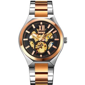 SKMEI 9258 Men Two-color Stainless Steel Strap Automatic Mechanical Watch(Middle Rose Gold Shell Black Surface)
