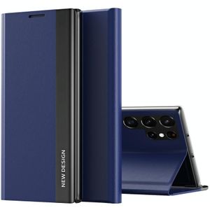 Voor Samsung Galaxy S22 Ultra 5G Side Galomroplated Magnetische ultradunne horizontale Flip Leren Case met Houder (Drak Blue)