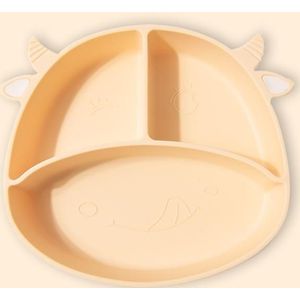 M010094 Children Silicone Dinner Plate Gridded Anti-Fall Eating Bowl Baby Cartoon Complementary Food Non-Slip Suction Cup Bowl(Cow-Beige)