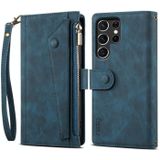 Voor Samsung Galaxy S22 Ultra 5G Retro Frosted Horizontale Flip Lederen Telefoonhoesje Met Houder & Card Slot & Portemonnee & Rits Pocket & Lanyard (Blauw)