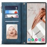 Voor Samsung Galaxy S22 Ultra 5G Retro Frosted Horizontale Flip Lederen Telefoonhoesje Met Houder & Card Slot & Portemonnee & Rits Pocket & Lanyard (Blauw)