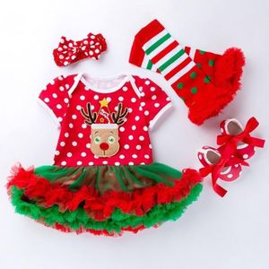 Baby kerstkleding korte mouwen Cartoon Print Lace Dress Vier-delige (Kleur: Elanden Grootte: 66)