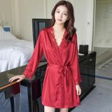 2 in 1 Ladies Lace Silk Sling Nightdress + Cardigan Nightgown Set (Color:Wine Red Size:L)