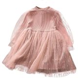 Girls Sequined Puff Sleeve Knitted Yarn Skirt (Color:Pink Size:130)