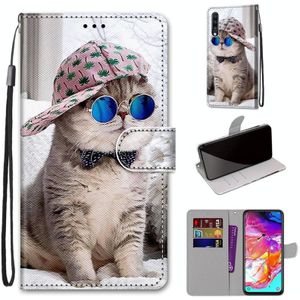 For Samsung Galaxy A70 Coloured Drawing Cross Texture Horizontal Flip PU Leather Case with Holder & Card Slots & Wallet & Lanyard(Oblique Hat Blue Mirror Cat)