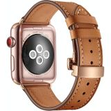 Genuine Leather + Butterfly Rose Gold Buckle Replacement Watchbands For Apple Watch Series 6 & SE & 5 & 4 44mm / 3 & 2 & 1 42mm(Brown)