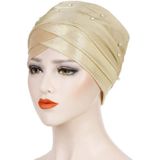 2 PCS Women Beaded Two-color Turban Hat Bright Silk Cloth Hooded Cap(Beige )