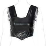 Open Back Mesh Sleeves PU Leather Slim Camisole (Color:White Size:S)