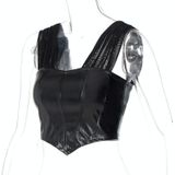 Open Back Mesh Sleeves PU Leather Slim Camisole (Color:White Size:S)