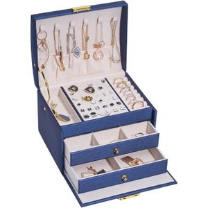 Three-Layer Leather Drawer Type Jewelry Storage Box Earrings Box With Lock(Navy Blue)