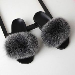 Fox Fur Slippers Flip-flops Non-slip Platte Bont Schoenen Sandalen voor dames  schoenmaat:44-45(27cm)(Black Cream)
