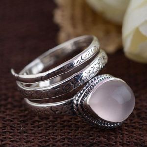 925 Sterling Silver Rings For Women Inlaid Rose Quartz Natural Stone Opening Type Multi Layers Vintage Snake Ring