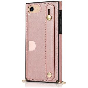 For iPhone 6 Wrist Strap PU+TPU Shockproof Protective Case with Crossbody Lanyard & Holder & Card Slot(Rose Gold)