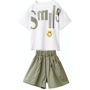 Girls Short-sleeved Top + Two-piece Group Pants (Color:White Size:110)