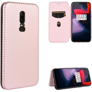 For OnePlus 6 Carbon Fiber Texture Magnetic Horizontal Flip TPU + PC + PU Leather Case with Card Slot(Pink)