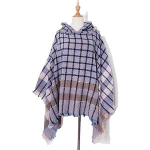 Spring Autumn Winter Checkered Pattern Hooded Cloak Shawl Scarf  Length (CM): 135cm(DP2-06 Blue)