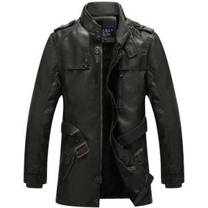Men Long Style Leather Jacket Coat (Color:Black Grey Size:M)