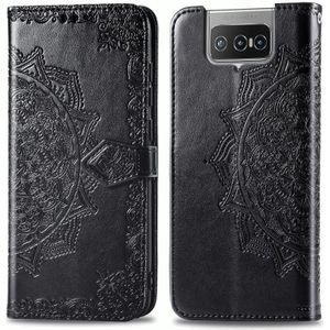 Voor Asus Zenfone 7 ZS670KS Mandala Bloem relif horizontale flip lederen kast met beugel / kaartslot / Portemonnee / Lanyard(Zwart)