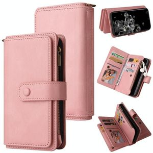 Voor Samsung Galaxy S20 Ultra Huid Feel PU + TPU Horizontale Flip Lederen Case met Houder & 15 Kaarten Slot & Portemonnee & Rits Pocket & Lanyard (Pink)