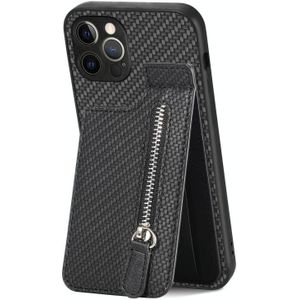 Voor iPhone 12 Pro Max Koolstofvezel Verticale Flip Rits Telefoon Case (Zwart)