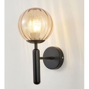 6102 Round Glass LED Wall Light Hotel Bedroom Bedside Living Room  Power source: 5W Warm Light(Black Striped Amber Lampshade)