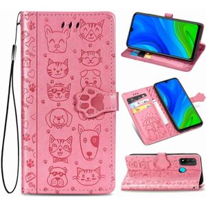 For Huawei P Smart 2020 Lovely Cat and Dog Embossing Pattern Horizontal Flip Leather Case  with Holder & Card Slots & Wallet & Cartoon Clasp & Lanyard(Pink)