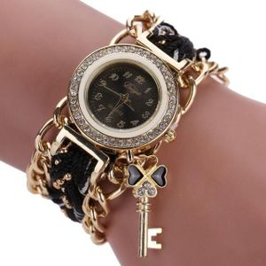 Women Round Dial Diamond Braided Hand Strap Quartz Watch with Key Pendant(Black)