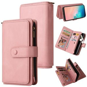 Voor Samsung Galaxy S10 Skin Feel PU + TPU Horizontale Flip Lederen Case met Houder & 15 Kaarten Slot & Portemonnee & Rits Pocket & Lanyard (Pink)