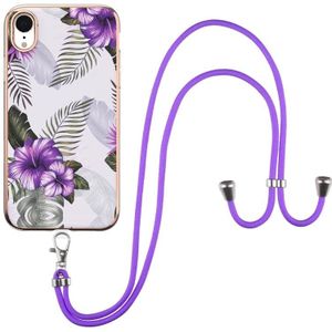Electroplating Pattern IMD TPU Shockproof Case met Neck Lanyard voor iPhone XR (Purple Flower)