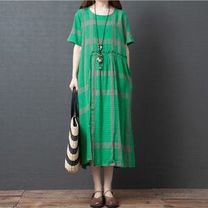 Zomer ronde hals plaid textuur katoen mid-length loose dress voor vrouwen (kleur: groene maat: L)