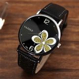 YAZOLE Ladies OL Style Four-leaf Clover Pattern Quartz Watch(338 black plate silver flower black belt)