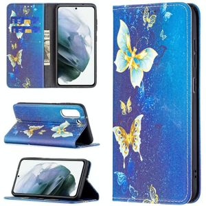 For Samsung Galaxy S21 FE Colored Drawing Pattern Invisible Magnetic Horizontal Flip PU Leather Case with Holder & Card Slots & Wallet(Gold Butterflies)