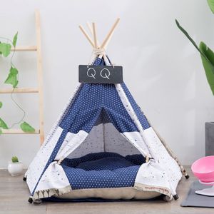 Cotton Canvas Pet Tent Cat and Dog Bed with Cushion  Specification: Medium 50×50×60cm(White Dots)