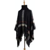 Women Mid-Length Turtleneck Sweater Fringed Cloak Shawl  Size: Free Size(Black)