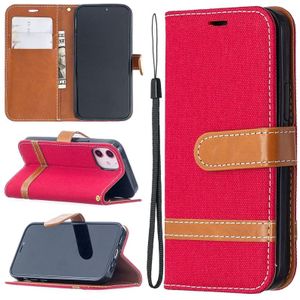 For iPhone 12 Color Matching Denim Texture Horizontal Flip Leather Case with Holder & Card Slots & Wallet & Lanyard(Red)