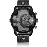 Cagarny 6819 Multifunctionele dubbele tijdzone kwarts Business Sport Watch voor mannen (zwart grijs oppervlak zwart leer)