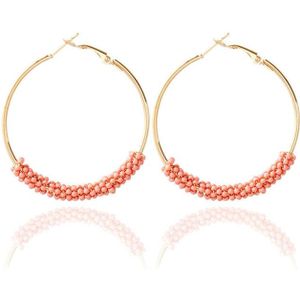 Women Hoop Earrings Ethnic Vintage Bead Boho Earrings Statement Jewelry(pink)