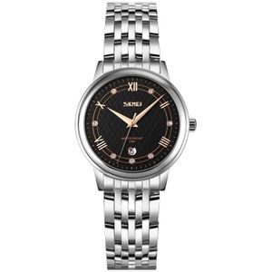 Skmei 9272 roestvrijstalen gesp riem waterdichte kwarts horloge vrouwen (zilveren schaal zwart oppervlak)