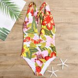 Deep V-neck Printed Triangle One-Piece Swimsuit for Ladies  with Chest Pad (Color:Big Flower on White Background Size:L)