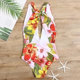 Deep V-neck Printed Triangle One-Piece Swimsuit for Ladies  with Chest Pad (Color:Big Flower on White Background Size:L)