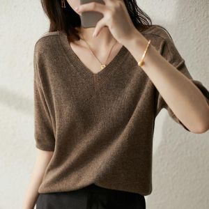 V-hals cardigan half-mouw trui gebreide T-shirt (kleur: havermout Maat: One Size)
