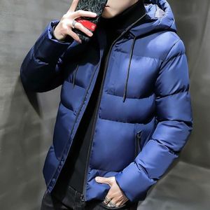 Winter Casual Loose Thick Solid Color Hooded Cotton Jacket for Men (Color:Blue Size:M)