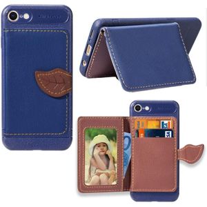 Voor iPhone SE (2020) Leaf Buckle Litchi Texture Card Holder PU + TPU Case with Card Slot & Wallet & Holder & Photo Frame(Blue)