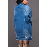 Women Plus Size Mid-length Ripped Denim Trench Coat (XL)